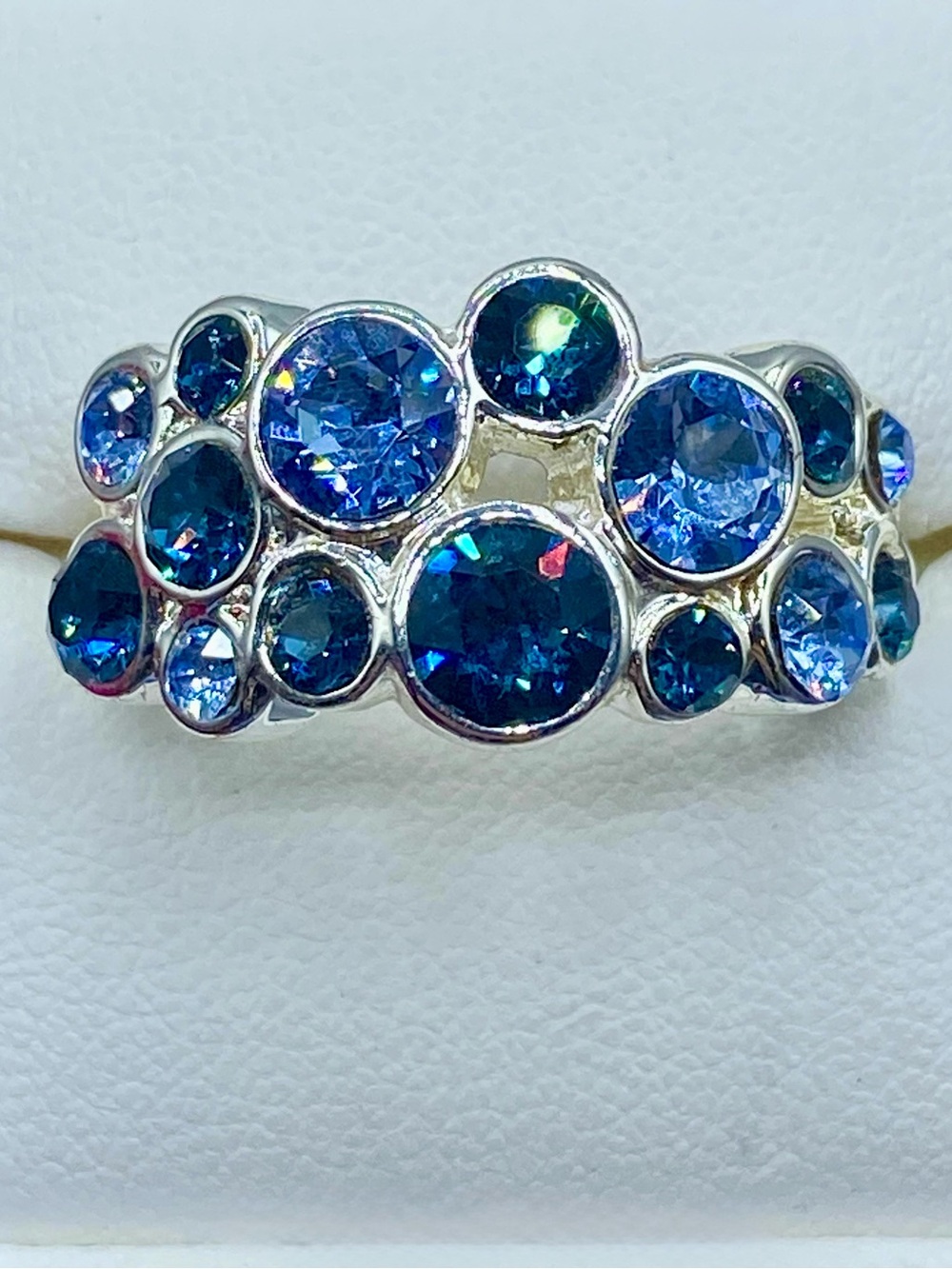 Blue Glass Rhinestone Silver Tone Costume Ring
